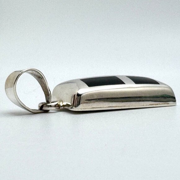 Vintage 925 Sterling Silver Black Onyx Modernist Mosaic Chunky Pendant - Picture 8 of 9